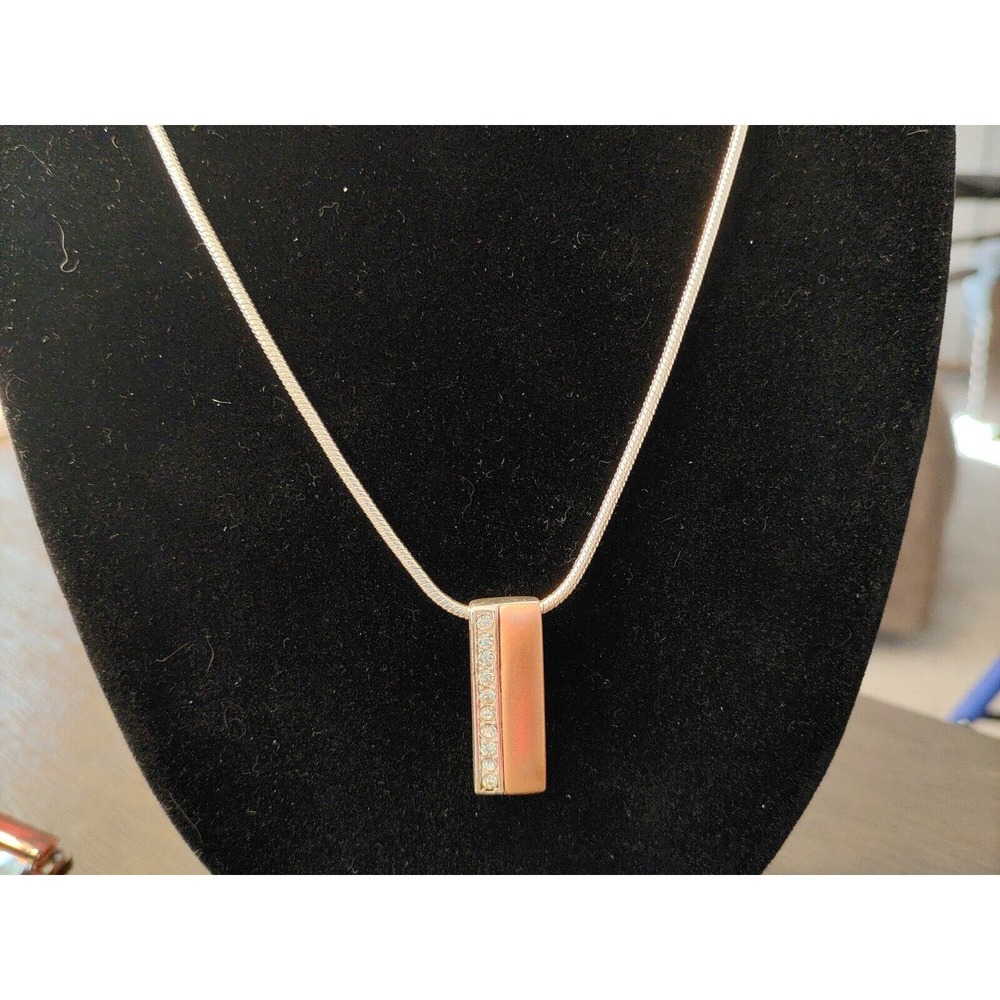 VINTAGE "AK" ANN KLINE SILVERTONE NECKLACE WITH RHINESTONE DROP BAR PENDANT